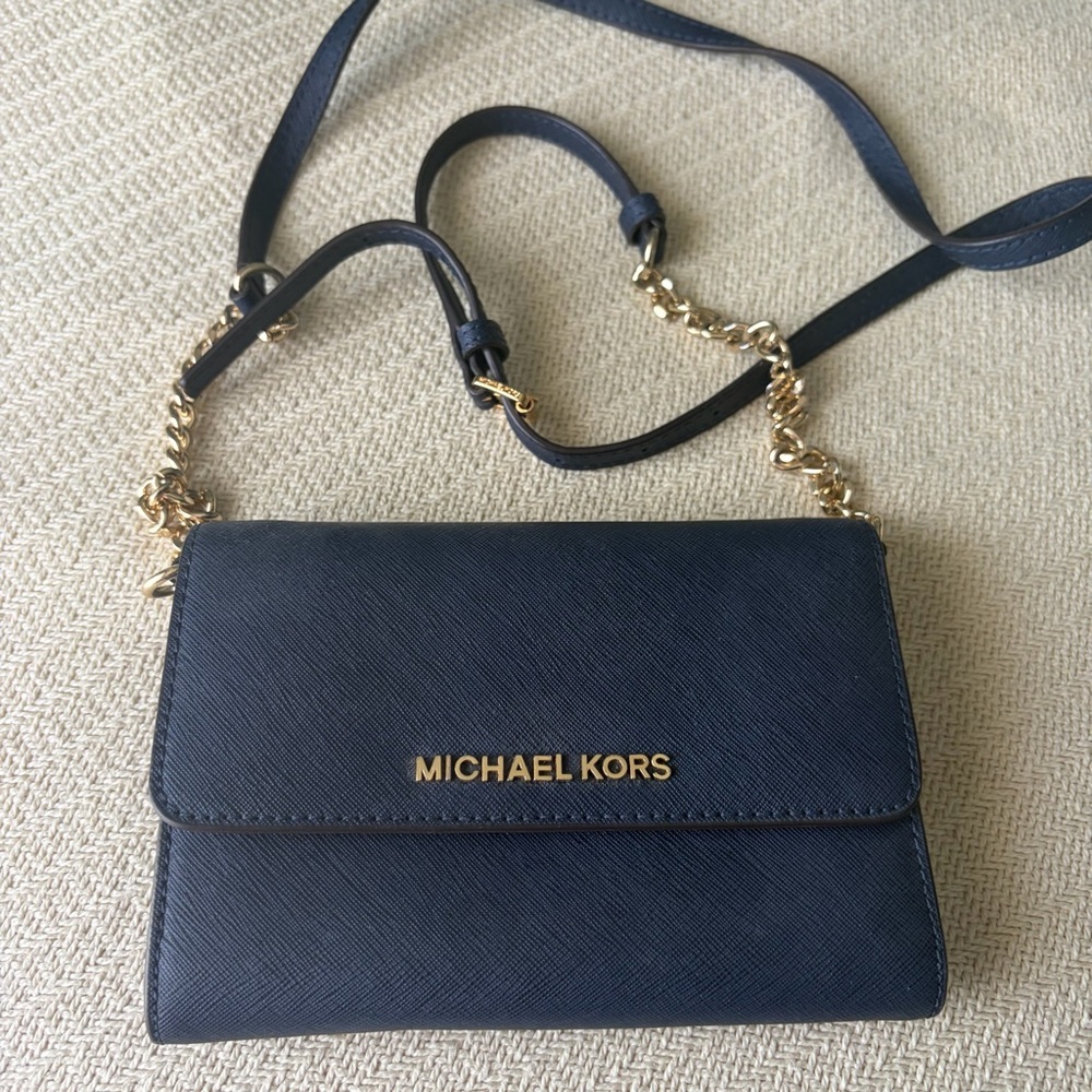 Michael Kors Navy Saffiano Crossbody with Gold Chain Detail